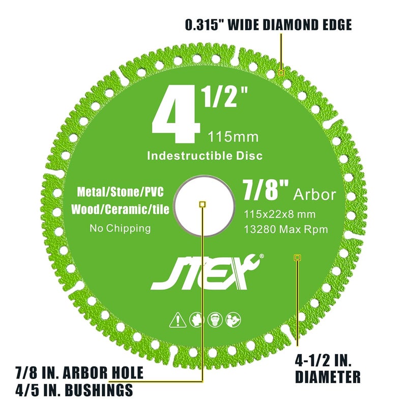 JTEX Indestructible Disc for Angle Grinder with 4-1/2 Inch Diameter, 7/8" Arbor, Multifunctional Diamond Cutting Blade for Metal, Stone, Wood, Tile, Concrete, PVC Pipes(3-Pack) - Image 2